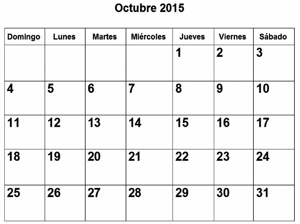 Calendario de Octubre 2015 para imprimir