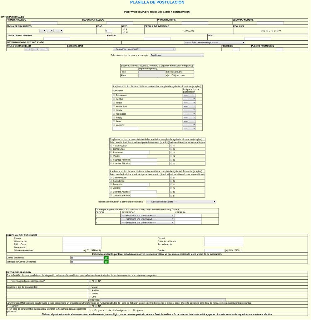 Planilla de inscripción UNIMET