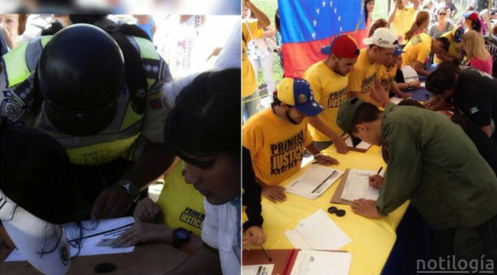 Militares y policías firmando por el revocatorio