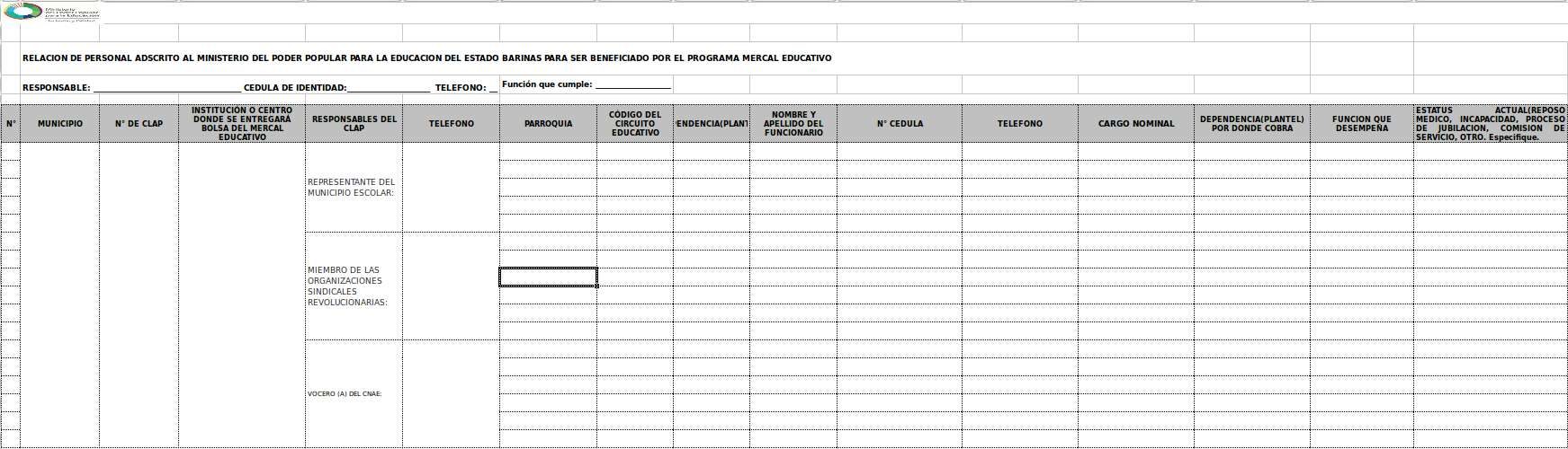 Planilla del MPPE para bolsa de comida