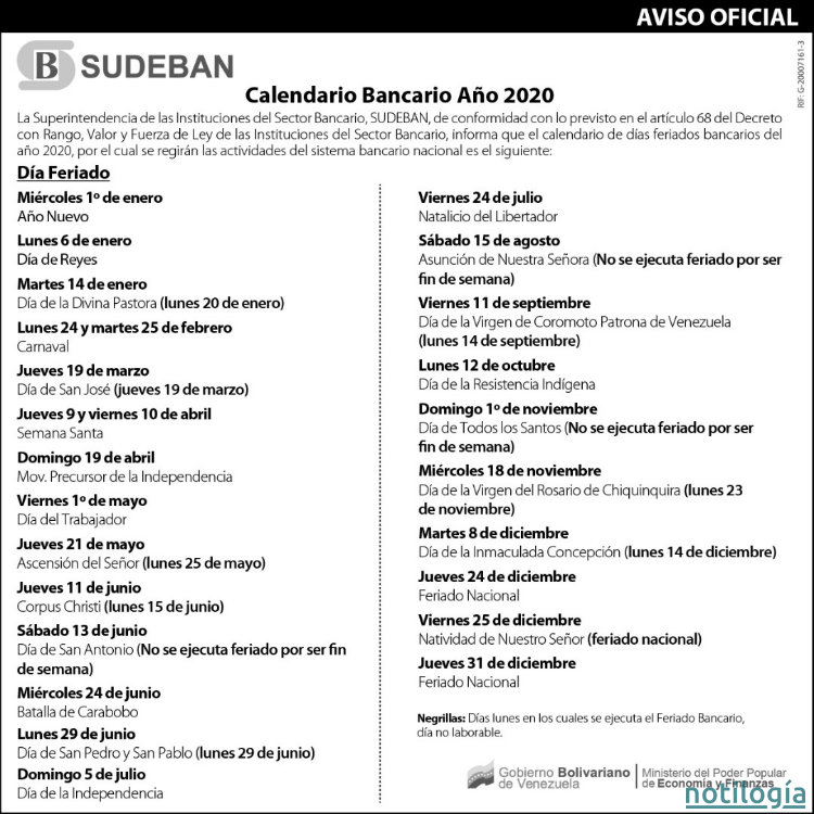 Calendario Bancario Venezuela 2020